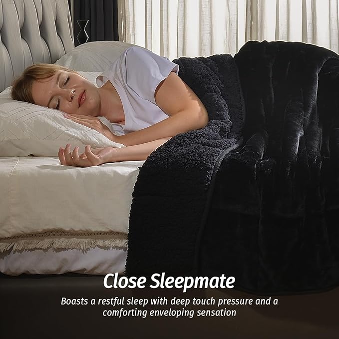 Wemore Sherpa Fleece Weighted Blanket for Adult, 15 lbs Dual Sided Cozy Fluffy Heavy Blanket, Ultra Fuzzy Throw Blanket with Soft Plush Flannel Top, 80 x 87 inches, Black on Both Sides