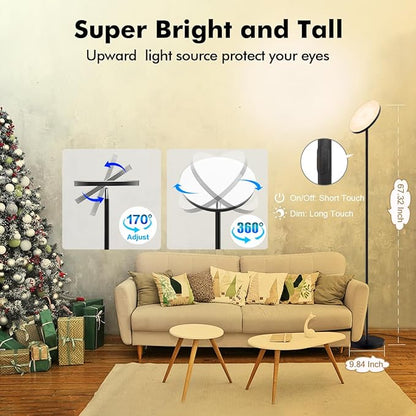YHW Living Room Floor Lamp, Smart 2000LM Bright Floor LED Lamps, 16 Million RGB Dimmable Color Temperature Standing Tall Lamp with Remote Touch Button, Adjustable Angle Floor Lamp for Bedroom Office.