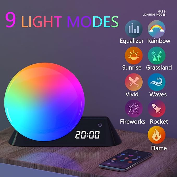 Smart Sunrise Alarm Clock, Wake Up Light with APP & Remote Control, 12 Soothing Sounds Machine, 9 Dynamic RGB Light Scenes, Sleep Aid & Dual Alarms for Heavy Sleepers, Ideal for Gift