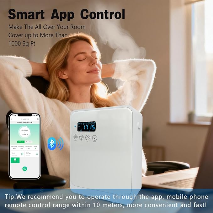 Smart Aroma Diffuser for Home & Business, 1200ml Waterless Essential Oil Diffuser with App Control, Covers Up to 2000 Sq.Ft, Pure Essential Oil Only for Hotel, Office, Spa