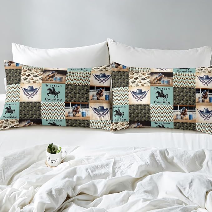 Western Cowboy Fitted Sheet Full Size 3 Pcs,Retro Tribal Cowboy Hats Boots Horseshoe Collections(No Flat Sheet),Rustic Farm Green Brown Plaids Patchwork Bedding Deep Pocket for Kids