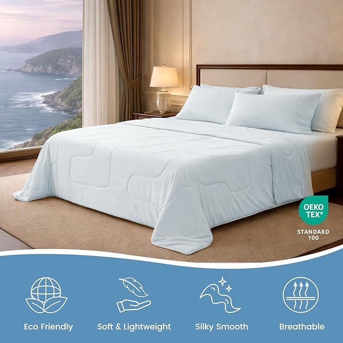 Cozy Bliss x Sorona® Viscose Natural Fiber Cooling Comforter Twin Size, Reversible Silky Smooth Cooling Blanket with Q-Max＞0.45 for Hot Sleepers & Night Sweats, Cool Blue, 68"x90"