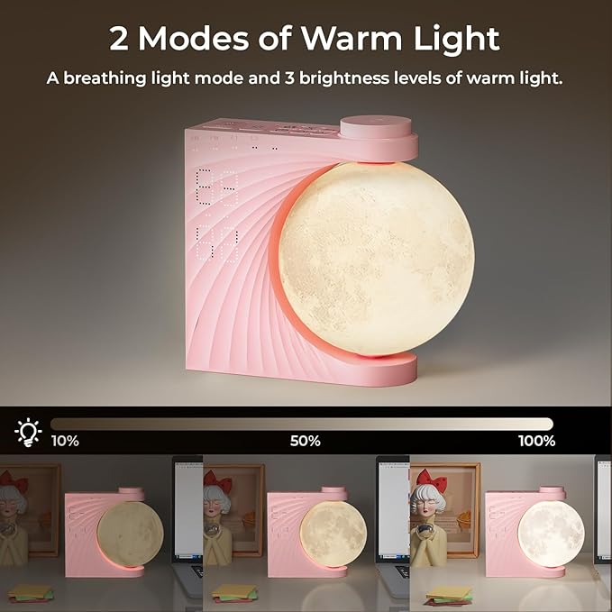 Sunrise Alarm Clock, Wake-Up Light Moon Lamp with Colourful Light Mode, 10 Fairy Sounds, 30/60/90 Timer & Dual Alarms for Girls/Teens, Cute Bedside Companion for Nursery/Kids Room (Blush Pink)