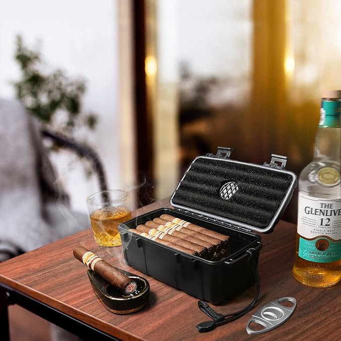 Flauno Travel Cigar Humidor - Portable Cigar Case with Cigar Cutter & Humidifier, Holds up to 15 Cigars, Waterproof, Crushproof, Airtight Seal, Durable