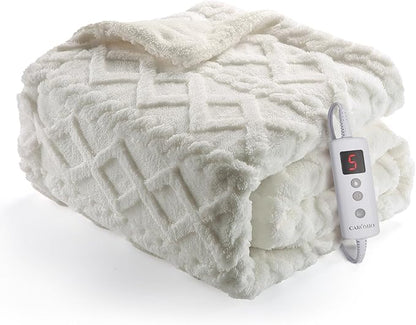 CAROMIO Heated Throw Blanket - Thick Tufted Sherpa Electric Blanket Throw with 10 Heating Levels and 10 Time Settings, ETL Certified Machine Washable Fast Heating Blanket Throw 50"×60", Off White