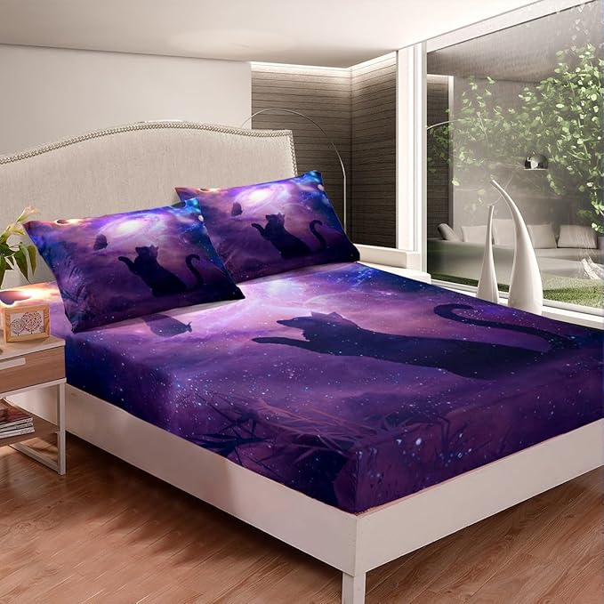 Cat Butterfly Sheet Set Full Starry Sky Galaxy Universe Bedding for Kids Teens Room Decor,Animal Purple Background Soft Bed Sheet Set 4pcs with Deep Pocket Fitted Sheet + Flat Sheet + 2 Pillowcases