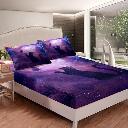 Cat Butterfly Sheet Set Full Starry Sky Galaxy Universe Bedding for Kids Teens Room Decor,Animal Purple Background Soft Bed Sheet Set 4pcs with Deep Pocket Fitted Sheet + Flat Sheet + 2 Pillowcases