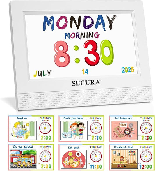 Secura TimeTact Reminder for Kids, 7" LED Talking Alarm Clock with Countdown Visual Timer, 17 Daily Reminders & 5 Custom Alarms Habit Reminder and Scheduler (White)