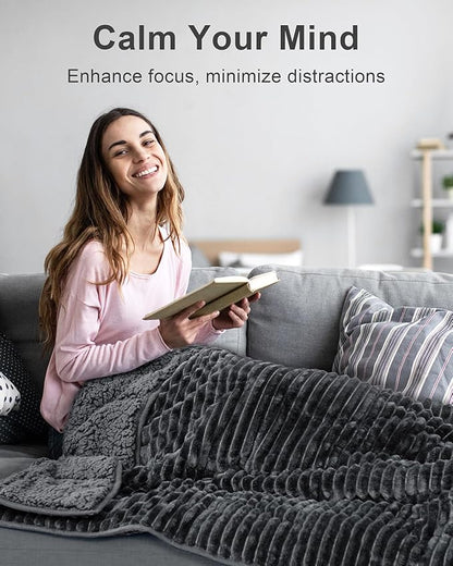 Sherpa Fleece Adult Weighted Blanket with Ribbed Stripes, 15 Pounds Dual Sided Soft Plush Blanket for Couch Bed Sofa, Heavy Thick Blankets with Ceramic Beads Great for Sleep, Dark Grey, 48" x 72"