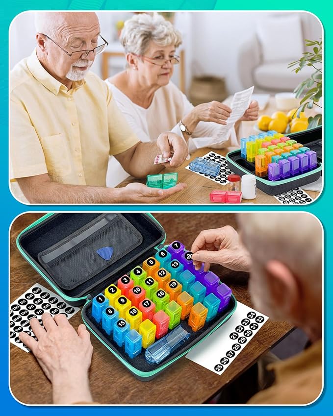 Monthly Pill Organizer 3 Times a Day, with Portable Hard Shell, Pill Cutter, 31-Day Box, Plastic Opening Pick, Monthly & Weekly Stickers, Convenient Medication Management (Black, 2 Times a Day)
