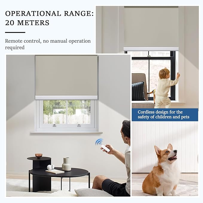 Grandekor Motorized Blinds with Remote Control, Blackout Roller Shade Electric Shades Cordless Smart Blinds for Bedroom Living Room Office,Beige,W31xH72