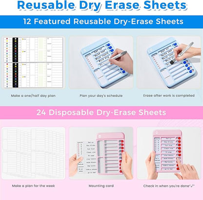 Magnetic Chore Chart for Kids, ADHD Tools to Do List Check List Chart Board Routine Chart, Visual Schedule for Fridge, Home with 10 Sliders and Magnetic Marker - (Blue+Pink)