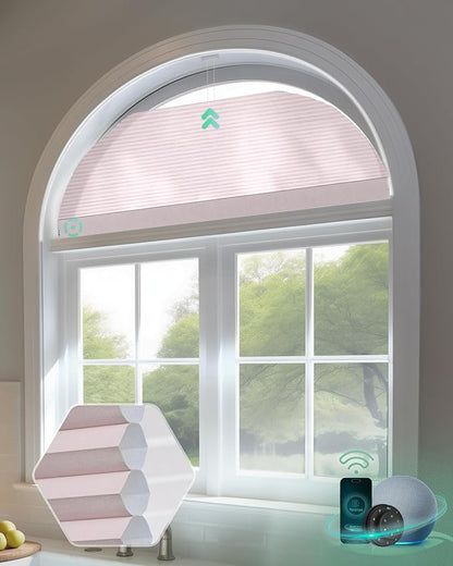 Yoolax Smart Cellular Shades, Motorized Arch Window Honeycomb Blinds Motorized Blinds with Remote Compatible with Alexa, Customized Arched Cellular Shades (Half Shading Light Pink)