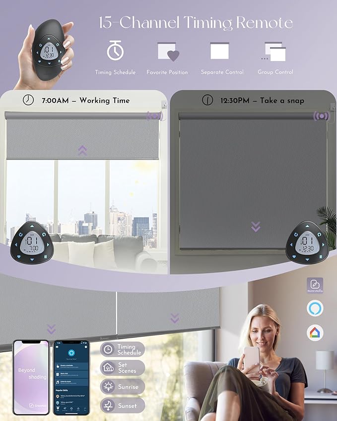 Graywind Motorized Roller Shade 100% Blackout Compatible with Alexa Google Waterproof Vinyl Fabric Remote Control Hardwired Window Shades Window Blinds, Customized Size (Light Grey)