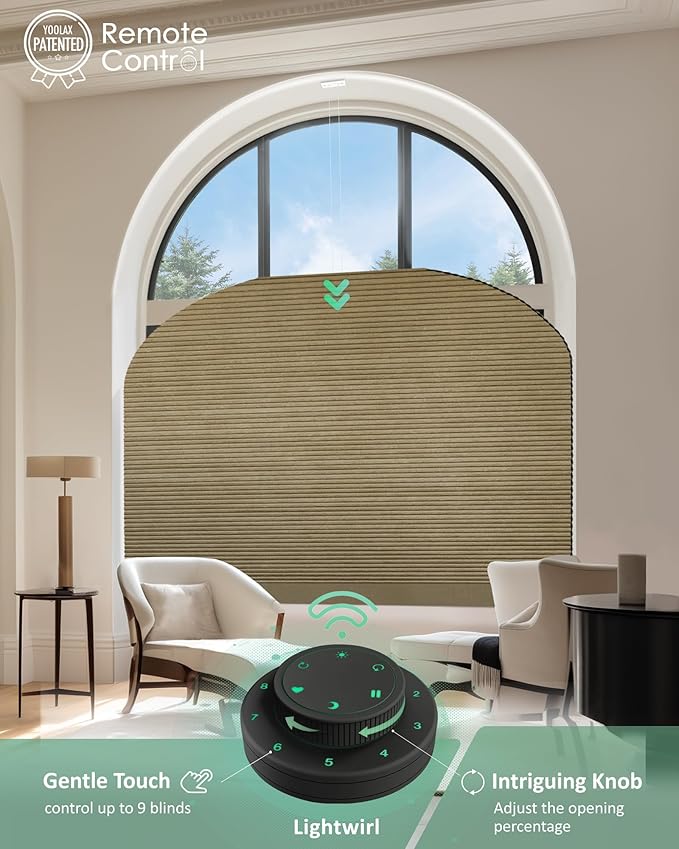 Yoolax Smart Cellular Shades, Motorized Elongated Arch Honeycomb Blinds Motorized Blinds with Remote Compatible with Alexa, Customized Elongated Arch Cellular Shades (Blackout Light Coffee)