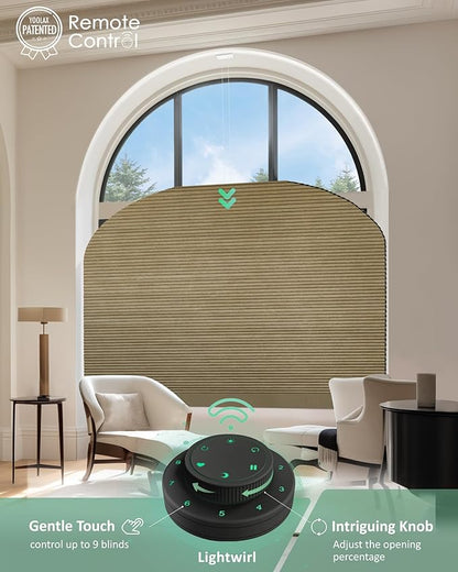 Yoolax Smart Cellular Shades, Motorized Elongated Arch Honeycomb Blinds Motorized Blinds with Remote Compatible with Alexa, Customized Elongated Arch Cellular Shades (Blackout Light Coffee)