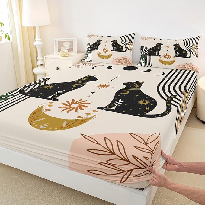 Cute Cat Silhouettes Sheet Twin,Sun Moon Trippy Bedding Set for Kids Teens Adults,Floral Leaves Animal Creative Colorful Bed Sheet Set 3pcs with Deep Pocket Fitted Sheet + Flat Sheet + 1 Pillowcase