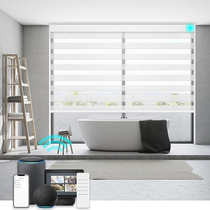 Changshade Smart Motorized Zebra Roller Blinds Shades for Indoor Windows Doors Remote Control, Cordless Electric Automatic Custom Size Work with Alexa, Google Home, Apple Homekit,Light Filtering,White