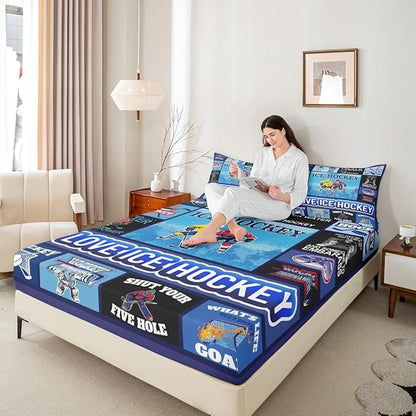Manfei Hockey Puck Kids Sheet Queen Size, Easy Wash Bedding Set,Geometric Grid Patchwork Kids Room Decor,Blue Sheet(Fitted+Flat+2 Pillowcases)