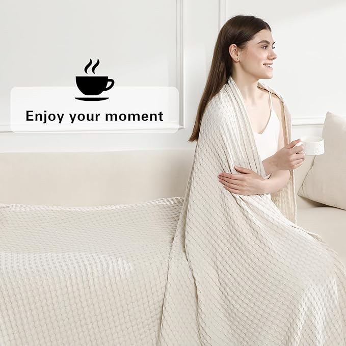 Aganear Waffle Blanket - Lightweight Breathable Summer Blanket of 50% Cotton and 50% Rayon Derived from Bamboo for Hot Sleepers Luxury Throws for Bed, Couch and Sofa,Beige,66x90 Inches