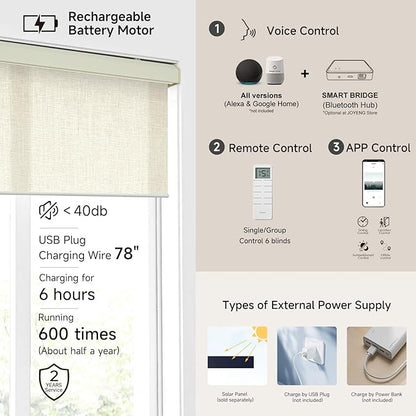 Motorized Light Filtering Roller Shades with Remote Control, Electric Smart Shades Compatible with Alexa and Google, Rechargeable, Customizable Size (Textured Beige)