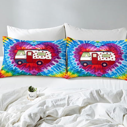 Manfei Camping Trailer Fitted Sheet Set with 2 Pillowcases,Watercolor Love Heart Boho Tie Dye Paint Bed Sheet Teens,Nature Tourism Theme Colorful Top Flat Sheet Luxury Microfiber,Queen Size