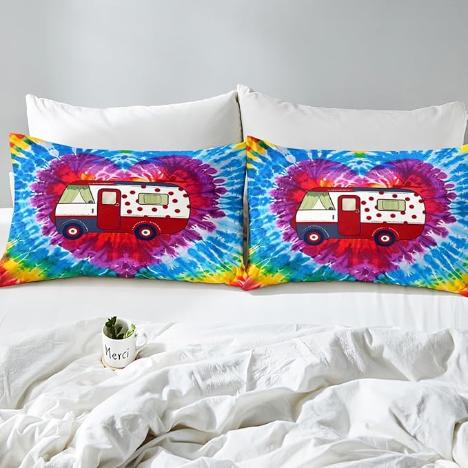 Manfei Camping Trailer Bed Sheet 4 Piece,Watercolor Love Heart Boho Tie Dye Paint Sheets Full Size Bed Set,Nature Tourism Theme Colorful Bedding Set with Flat,Fitted Sheet,2 Pillow Cases