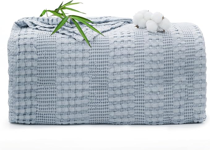 Cooling Waffle Weave Blanket Twin Size for Bed Sofa - Soft Lightweight Bed Blankets of 50% Rayon Derived from Bamboo for Hot Sleepers, Breathable Throw for Summer, Light Blue, 60"x80"