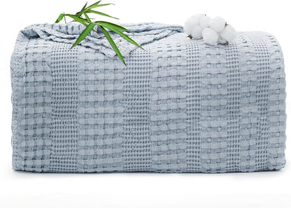 Cooling Waffle Weave Blanket Twin Size for Bed Sofa - Soft Lightweight Bed Blankets of 50% Rayon Derived from Bamboo for Hot Sleepers, Breathable Throw for Summer, Light Blue, 60"x80"