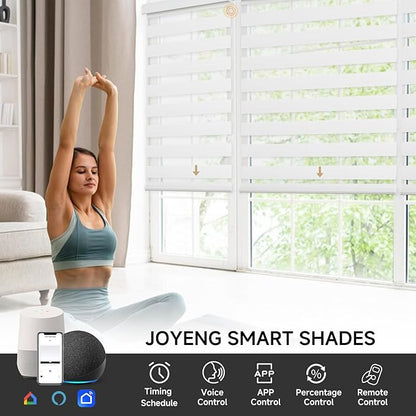 Motorized Zebra Blinds, Cordless Blackout Window Shades with Remote, Custom Dual Layer Smart Roller Shades Compatible with Alexa Google Assistant, Automatic Light Filtering Blinds,White