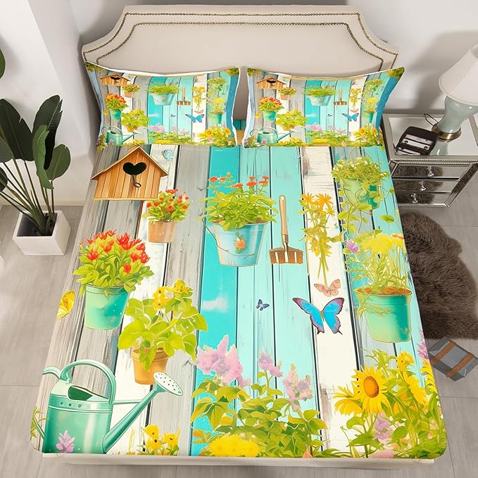 Gardener Kids Sheet Queen Size,Gardening Tools Potted Plants Flowers Bedding Set,Boys Girls Room Decor,Wooden Plank Geometric Rustic Green Retro Bed Sheet Set 4pcs(Fitted + Flat + 2 Pillowcases)