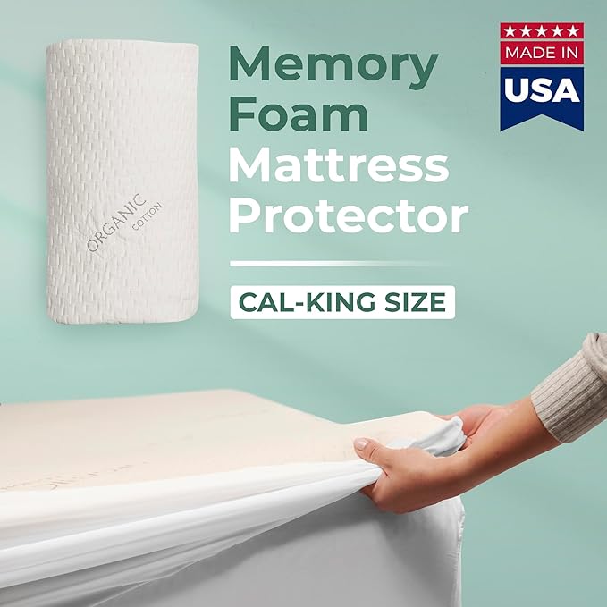 Memory Foam Mattress Protector - Organic Cotton, Eco-Friendly Greenshield Water Resistance, Kool-Flow Breathable Stretch Fabric, All USA Made, Best for Pillow-Top & Bed Topper Pads: California King