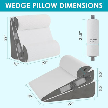 4Pcs Wedge Pillow Set for After Surgery,Acid Reflux Relief, Adjustable Bed Wedge Pillows for Sleeping,Anti Snore, Memory Foam Triangle Pillow for Back&Neck&Shoulder Pain Relief, White&Grey