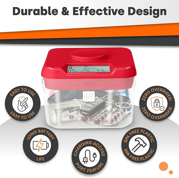 KSafe Timer Lock Box for Phones, Snacks & Medications - Cell Phone Jail & Food Safe with Timer - Time Locking Container for Better Habits & Addiction Management (Mini, Red Lid + 3.0” Clear Base)