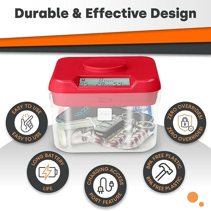 KSafe Timer Lock Box for Phones, Snacks & Medications - Cell Phone Jail & Food Safe with Timer - Time Locking Container for Better Habits & Addiction Management (Mini, Red Lid + 3.0” Clear Base)