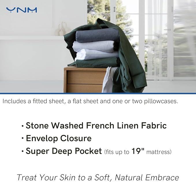 YnM Linen Sheet Set - Cozy, Skin-Friendly, and Eco-Friendly Pure Linen Sheets Collection, 4-Piece Set Includes Flat Sheet, Fitted Sheet, and 2 Pillowcases – Full, White
