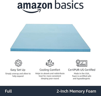 Amazon Basics Full Cooling Gel-Infused Memory Foam Mattress Topper, CertiPUR-US Certified, 2 Inches, Blue