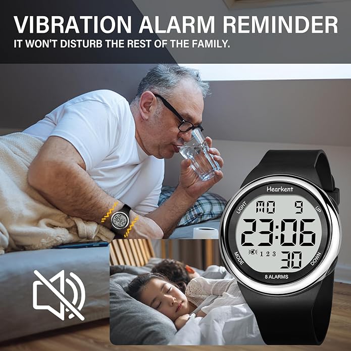 8 Vibrating Alarm Watch Medication Reminder Watch for Elderly Big Number Digital, Silent Alarm Wristband with Light and Timer 50 M Waterproof Watch