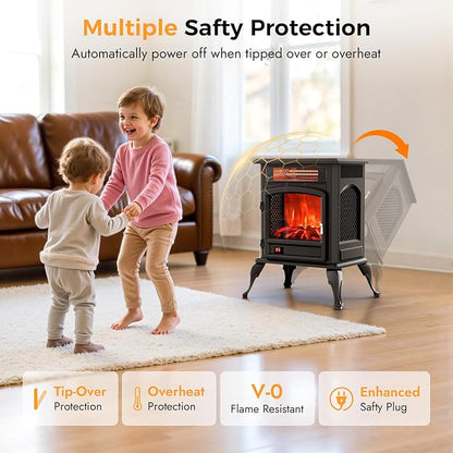 Electric Fireplace Stove Heater - Freestanding Electric Fireplace Heater with 3D Flame Effect, 1500W Infrared Electric Stove Heater for Indoor Use with Thermostat, Tip-Over&Overheat Protection