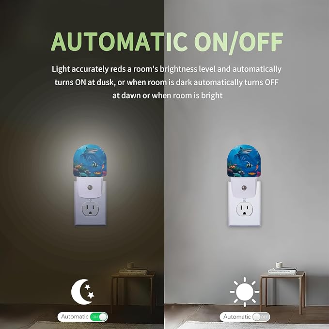 Summer Shark Night Light,Turtle Fish Nightlight Plug into Wall with Dusk to Dawn Sensor, LED Lamp Energy Saving Lights for Men Women Boys Girls,Lamp for Bedroom Bathroom Hallway