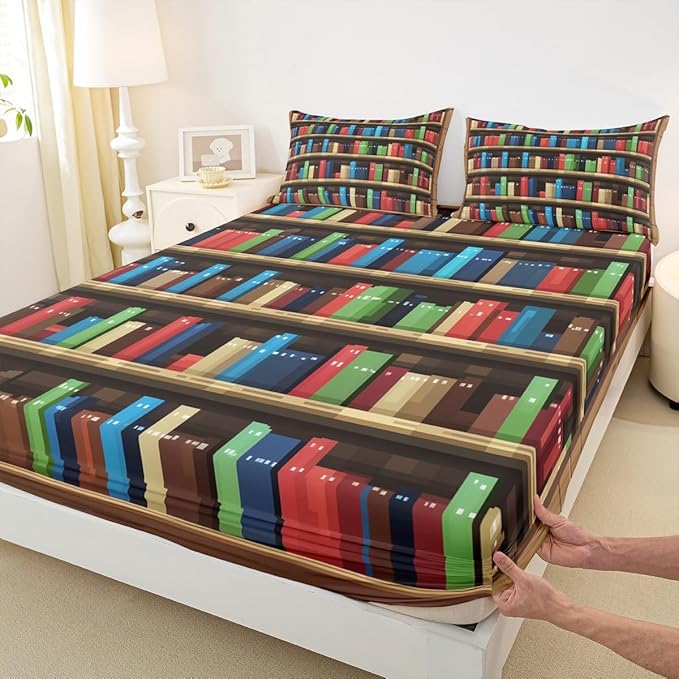 Pixel Vedio Game Bed Sheets Twin Size,Pixelated Bookshelf Bookcase Easy Wash Bedding Set,Books Modern Building Games Kids Room Decor,Colorful Sheet(Fitted+Flat+1 Pillowcase)