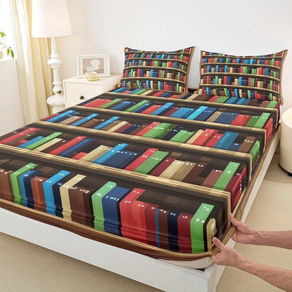 Pixel Vedio Game Bed Sheets Queen Size,Pixelated Bookshelf Bookcase Bedding Set, Books Modern Building Games Boys Girls Room Decor,Colorful Sheet(Fitted+Flat+2 Pillowcases)