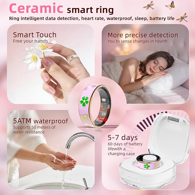 Smart Ring Men & Women Ring Sleep Tracker Pedometer Long Battery Life No Subscription Fee, IP68 Waterproof (Pink, 7)