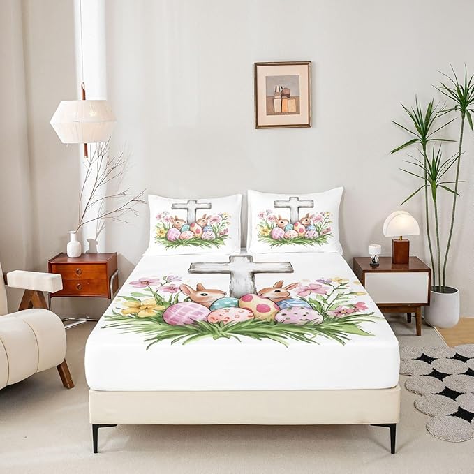 Cute Rabbit Fitted Sheet Twin Size Happy Easter Cartoon Animal Bedding Set for Kids Bedroom Easter Egg Spring Flowers Bed Sheet Set 2pcs White Colorful Deep Pocket Mattress Cover,No Top Flat