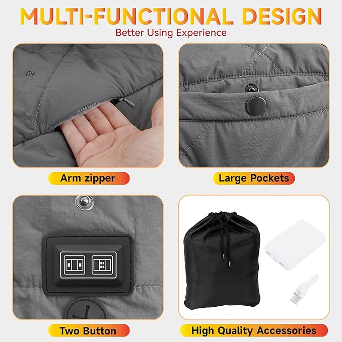 Heated Blanket Outdoors, Battery Operated Heated Throw with 10000mAh Power Bank, 2-in-1 Blanket & Shawl for Camping, Hiking, Stadium Events & Travel, Cordless USB Heated Blanket-Grey