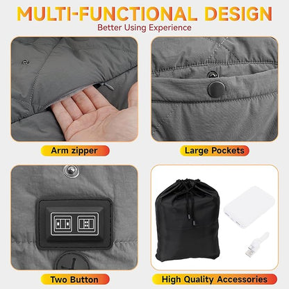 Heated Blanket Outdoors, Battery Operated Heated Throw with 10000mAh Power Bank, 2-in-1 Blanket & Shawl for Camping, Hiking, Stadium Events & Travel, Cordless USB Heated Blanket-Grey