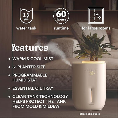Homedics Natura Ultrasonic Warm & Cool Mist Humidifier, 1.3-Gal for Large Rooms, 60-Hr Runtime, Plant Holder, Programmable Humidity, Auto Shutoff, Nightlight Small Plant Compatible(Plant Not Included)