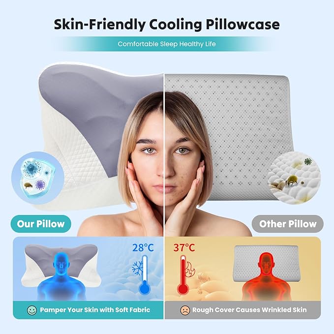 DUMOS Cervical Neck Pillow, Cooling Ergonomic Memory Foam Pillows for Neck Pain Relief with Breathable Pillowcase, Dual Height Orthopedic Support Contour Pillow for Side, Stomach Sleepers, Dark Grey