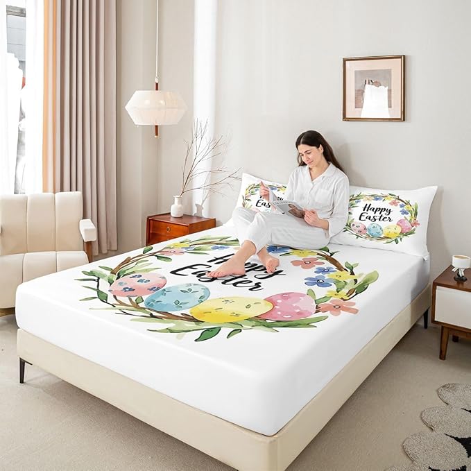 Easter Bed Sheet Queen Size Easter Eggs Flowers Floral Bedding Set Farmhouse Spring Holiday Fitted Sheet Kids Boys Girls Room Decor White Colorful Soft Sheets with 2 Pillowcase,No Top Flat