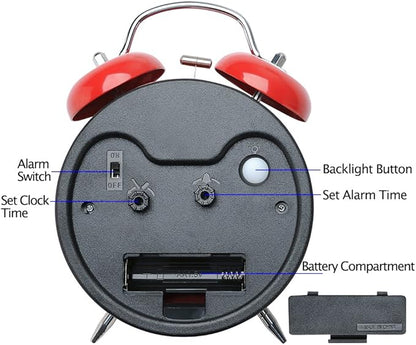 Peakeep 4.5 Inches Twin Bell Loud Alarm Clock for Heavy Sleerpers, Backlight, Battery Operated Old Fashioned Alarm Clock for Bedrooms (3D-Dial, Red)